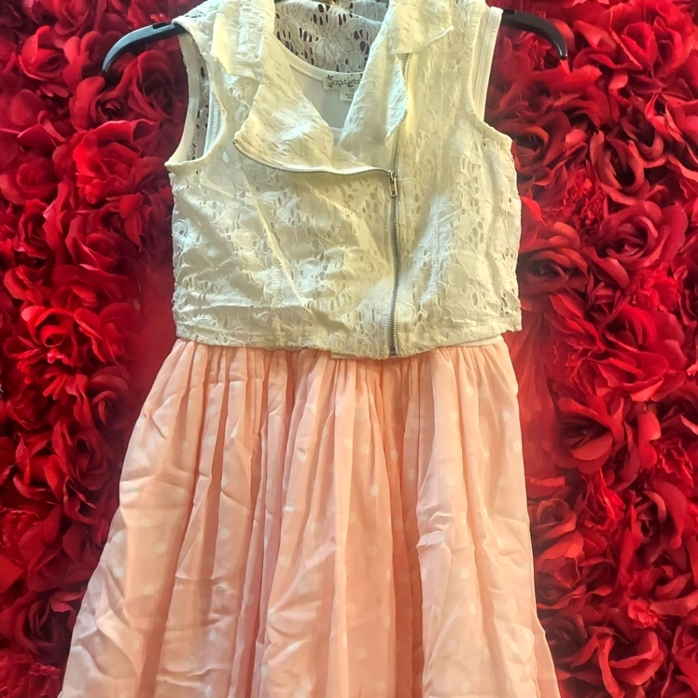 Knitworks Girls Size 10 Peach Polka Dot Dress with Lace Zip up Vest -2 piece set